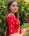 Jhumki Red Jhumki Buti Metallic Print Jacquard Slip On Blouse by Advi