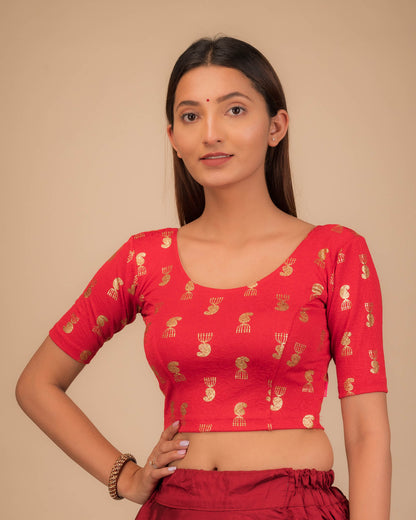 Jhumki Red Jhumki Buti Metallic Print Jacquard Slip On Blouse by Advi