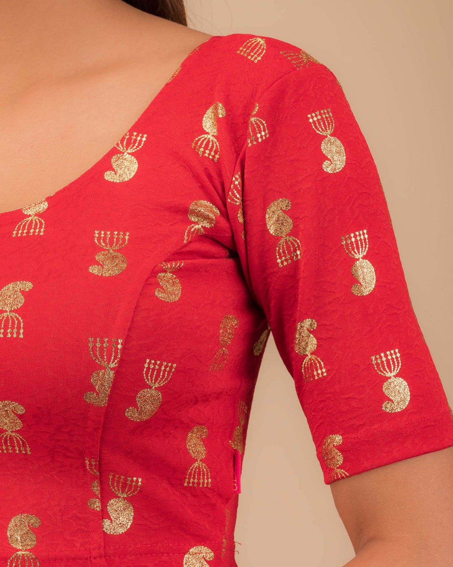 Jhumki Red Jhumki Buti Metallic Print Jacquard Slip On Blouse by Advi