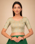 Jhumki Sand Gold Foil Buti Jacquard Elbow Sleeve Stretchable Blouse by Advi