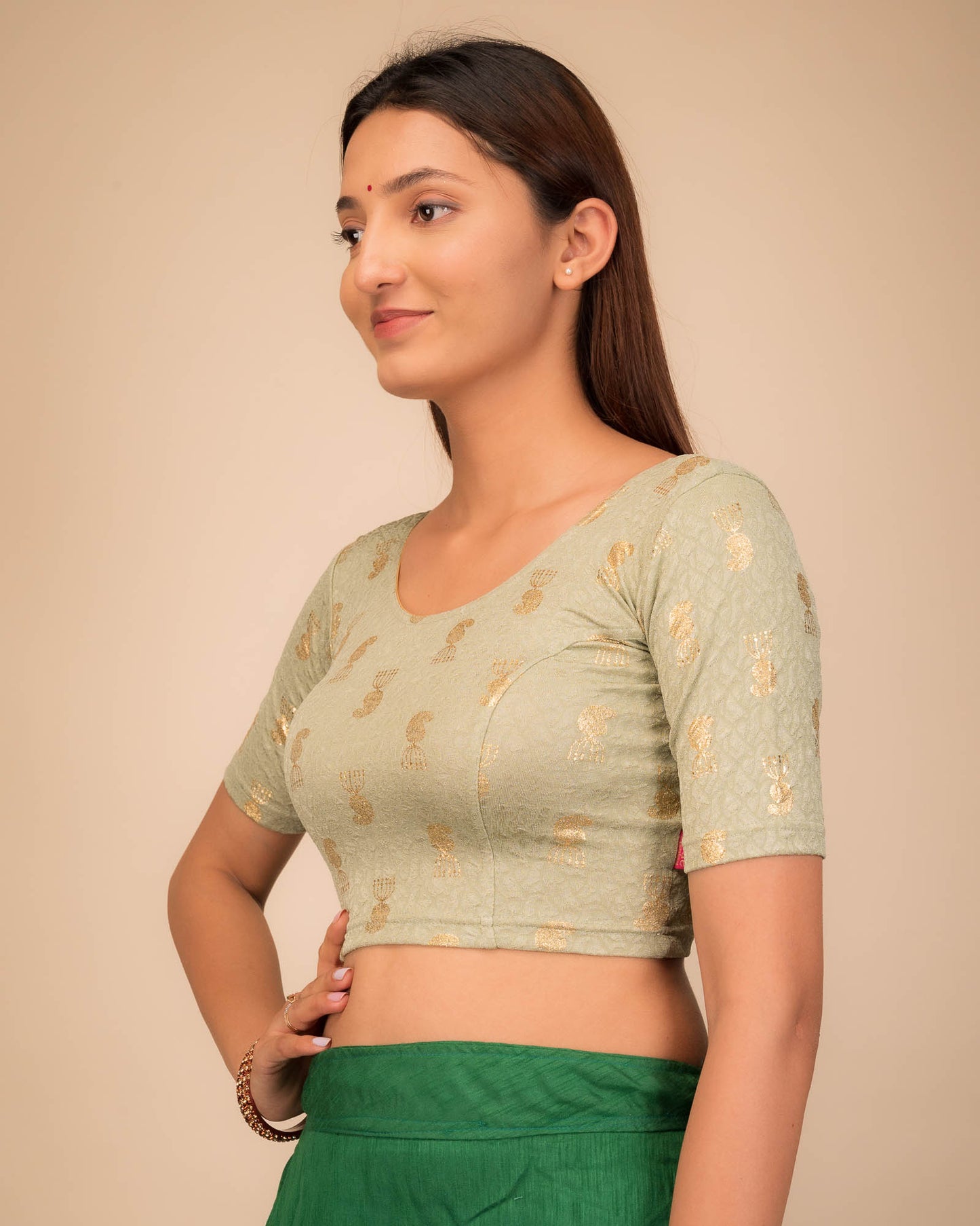 Jhumki Sand Gold Foil Buti Jacquard Elbow Sleeve Stretchable Blouse by Advi