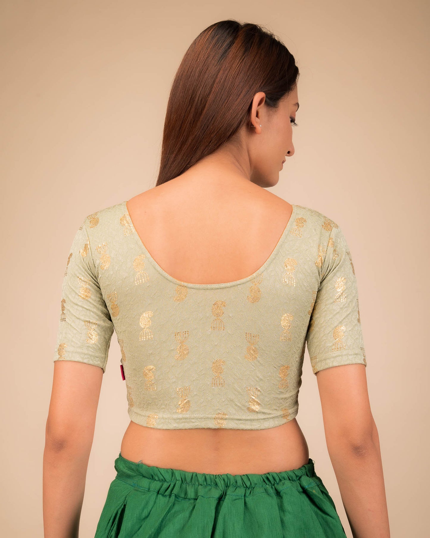 Jhumki Sand Gold Foil Buti Jacquard Elbow Sleeve Stretchable Blouse by Advi