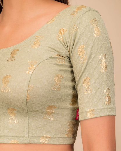 Jhumki Sand Gold Foil Buti Jacquard Elbow Sleeve Stretchable Blouse by Advi