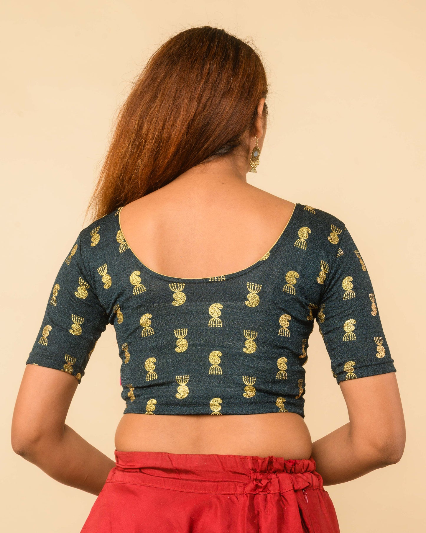 Jhumki Bottle Green Jhumki Gold Foil Print Elbow Sleeve Stretchable Blouse by Advi