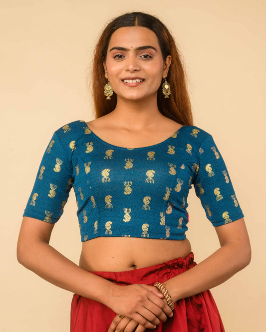 Jhumki Peacock Green Jhumki Gold Foil Print Elbow Sleeve Stretchable Blouse by Advi