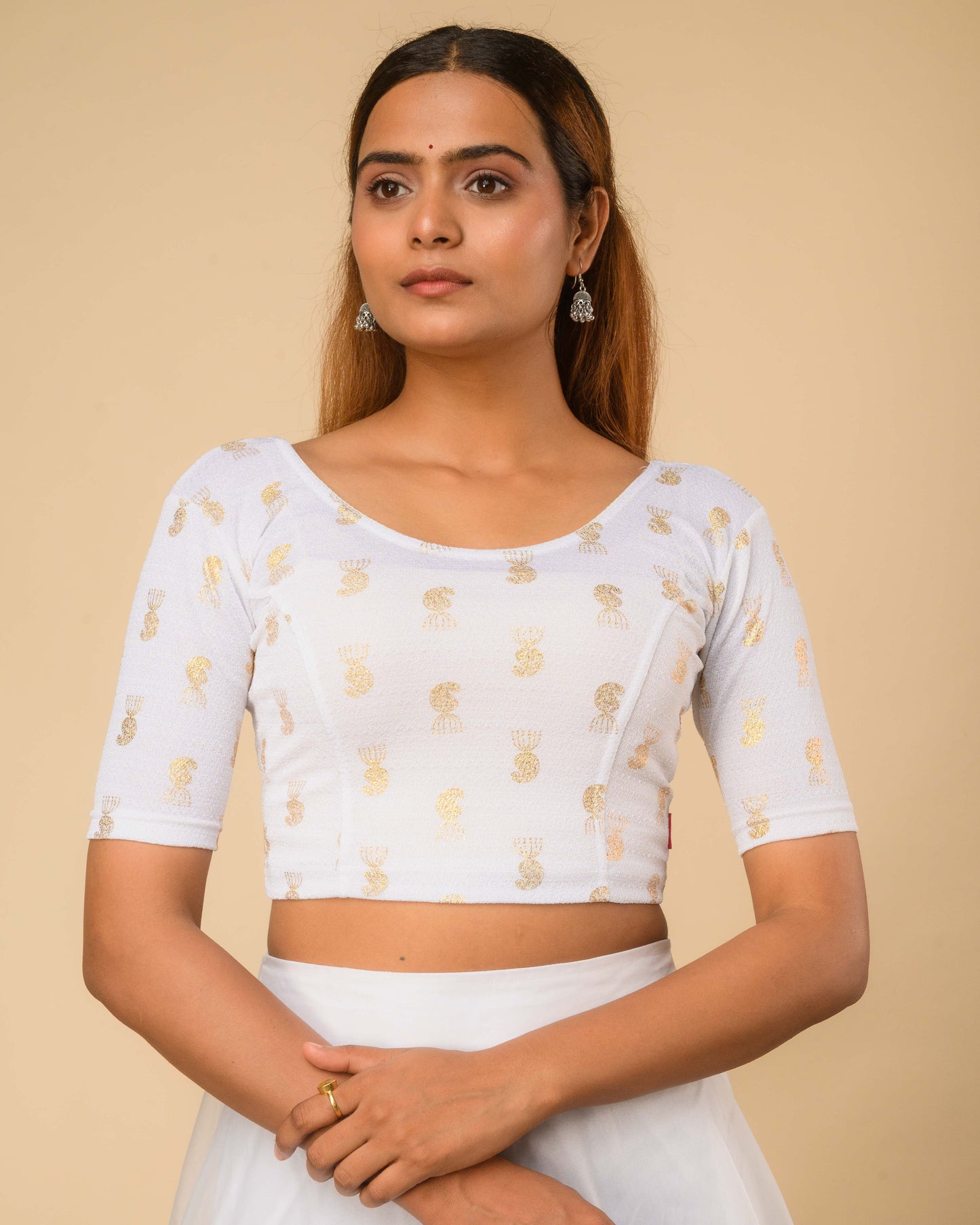 Jhumki White Jhumki Gold Foil Print Elbow Sleeve Stretchable Blouse by Advi
