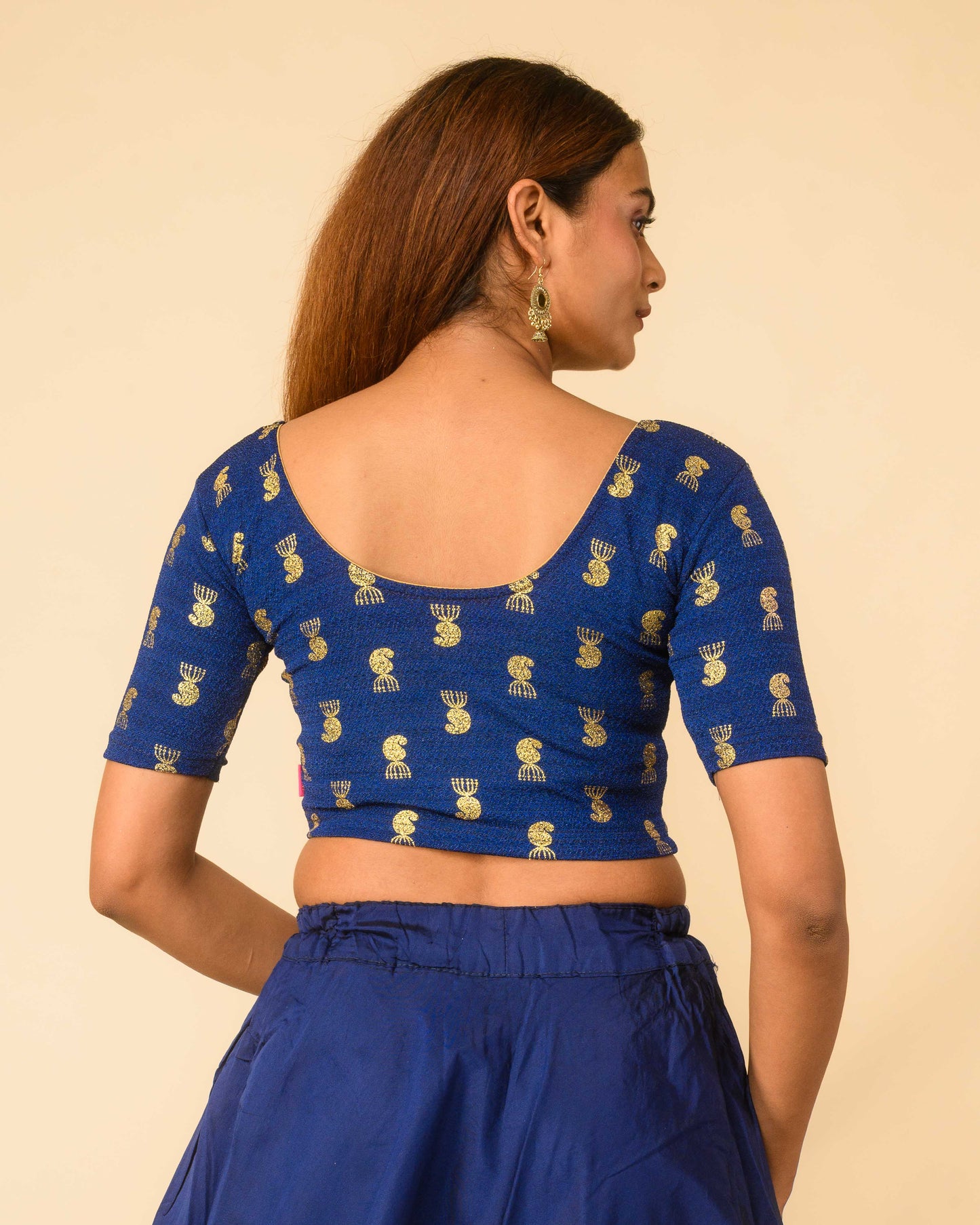 Jhumki Royal Blue Jhumki Gold Foil Print Elbow Sleeve Stretchable Blouse by Advi