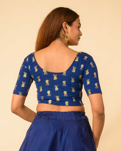 Jhumki Royal Blue Jhumki Gold Foil Print Elbow Sleeve Stretchable Blouse by Advi