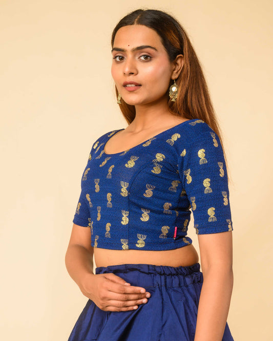 Jhumki Royal Blue Jhumki Gold Foil Print Elbow Sleeve Stretchable Blouse by Advi