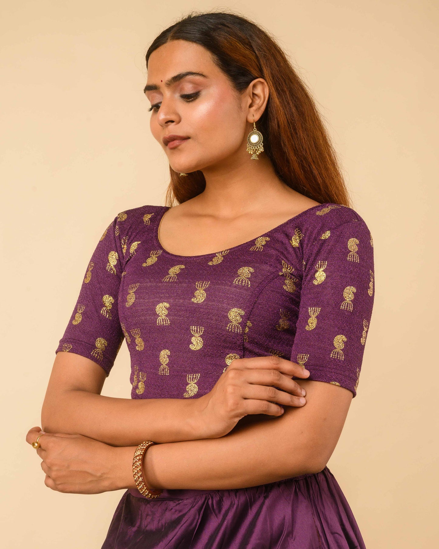 Jhumki Purple Jhumki Gold Foil Print Elbow Sleeve Stretchable Blouse by Advi