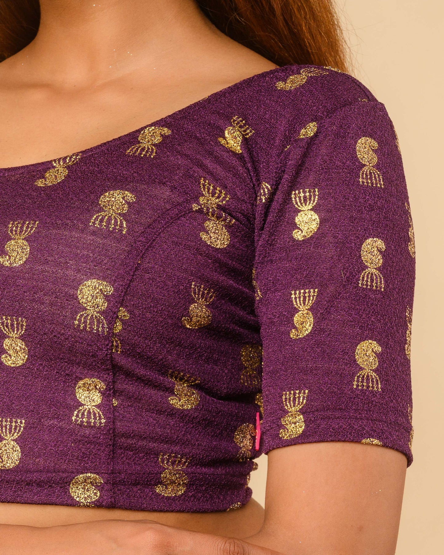 Jhumki Purple Jhumki Gold Foil Print Elbow Sleeve Stretchable Blouse by Advi