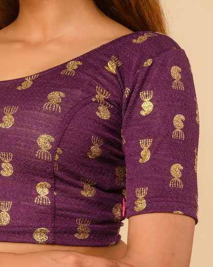 Jhumki Purple Jhumki Gold Foil Print Elbow Sleeve Stretchable Blouse by Advi