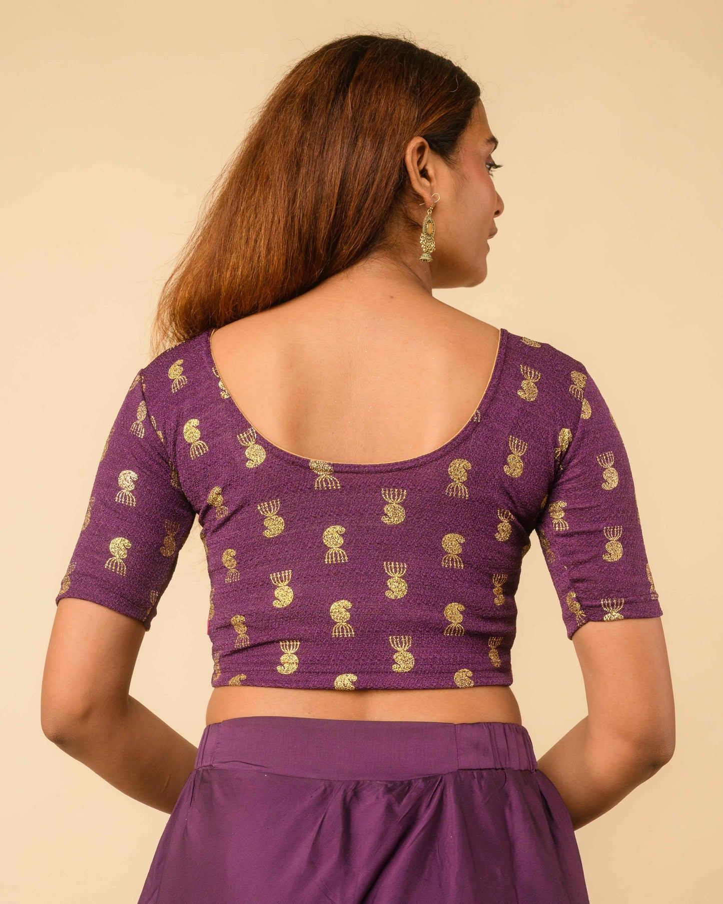 Jhumki Purple Jhumki Gold Foil Print Elbow Sleeve Stretchable Blouse by Advi