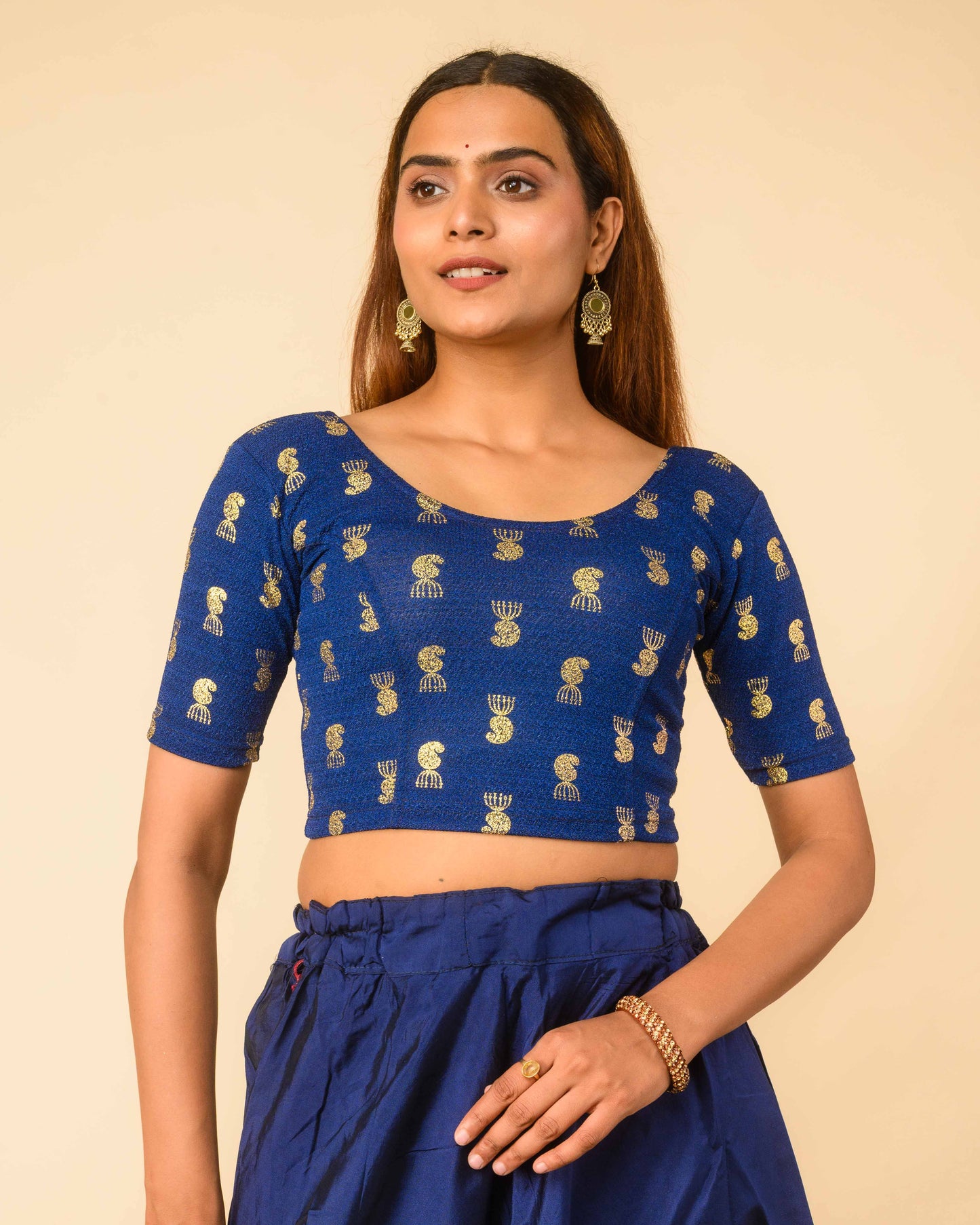 Jhumki Royal Blue Jhumki Gold Foil Print Elbow Sleeve Stretchable Blouse by Advi