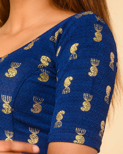 Jhumki Royal Blue Jhumki Gold Foil Print Elbow Sleeve Stretchable Blouse by Advi