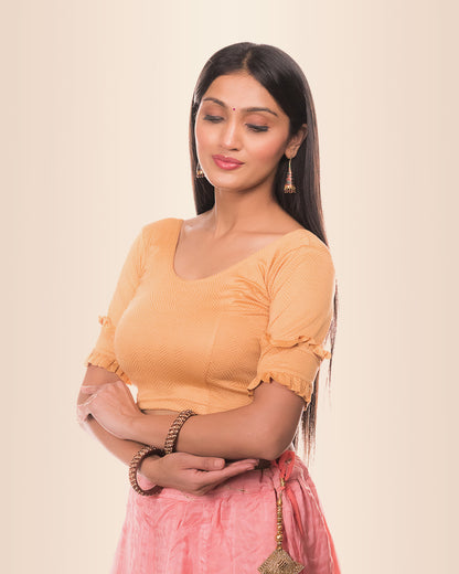 Shehnaaz Fawn Jacquard Stretchable Blouse with Double Frill Elbow Sleeves by Advi