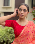Khwaab Red Chikankari Jacquard Elbow Sleeve Stretchable Blouse by Advi