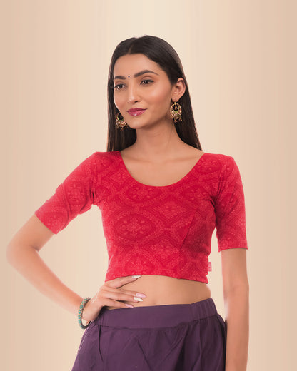 Khwaab Red Chikankari Jacquard Elbow Sleeve Stretchable Blouse by Advi