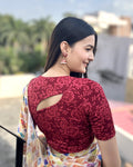 Ambreen Maroon High Neck Jacquard Blouse with Back Cut Style Advi