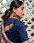 Ambreen Navy Elbow Sleeve Jacquard Blouse with Back Cut Detail Advi