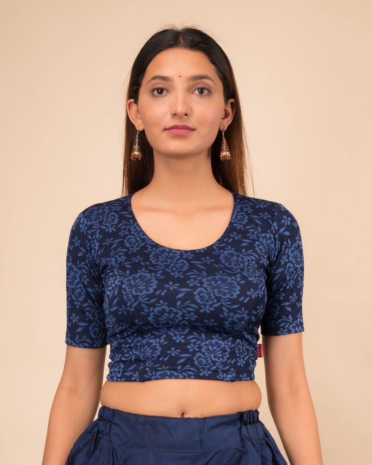 Ambreen Navy Elbow Sleeve Jacquard Blouse with Back Cut Detail Advi