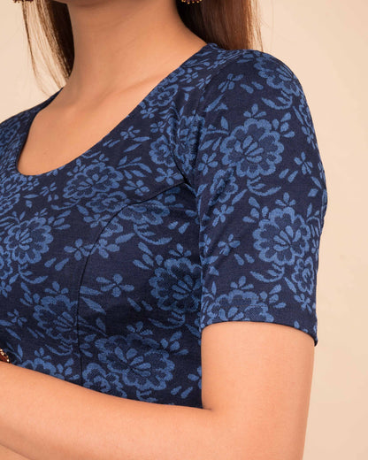Ambreen Navy Elbow Sleeve Jacquard Blouse with Back Cut Detail Advi
