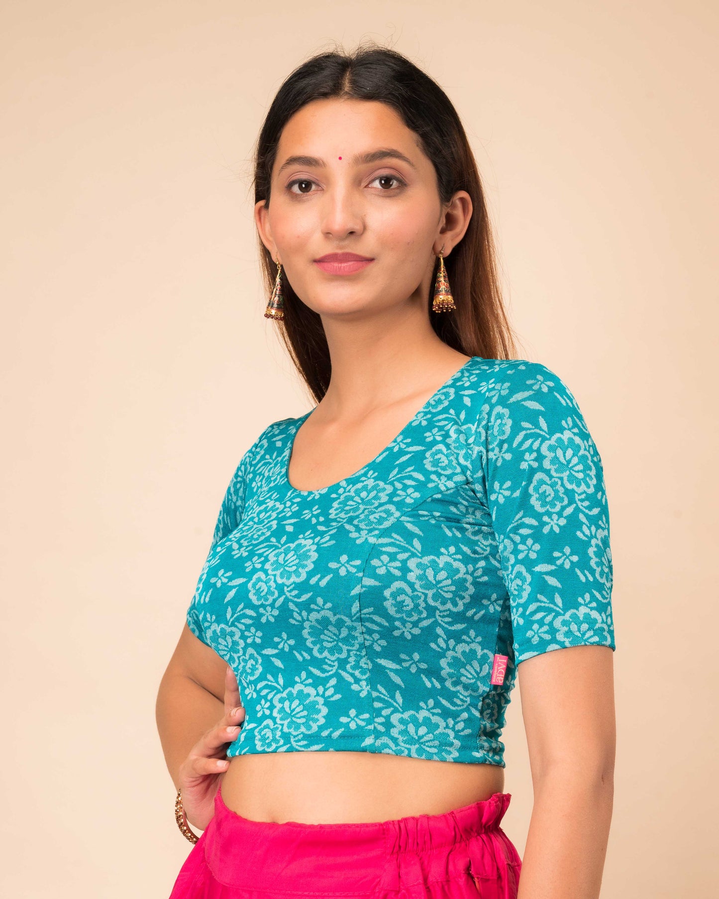 Ambreen Rama Green Floral Jacquard Blouse with Stylish Back Cut Advi