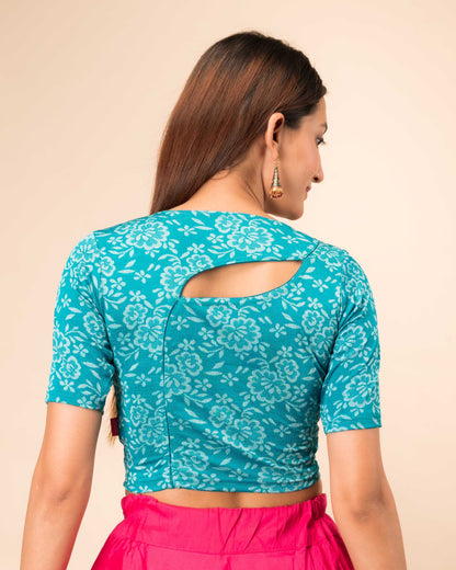Ambreen Rama Green Floral Jacquard Blouse with Stylish Back Cut Advi