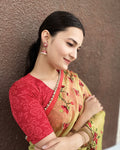 Ambreen Red Jacquard Blouse with Fancy Back Cut and Elbow Sleeves Advi