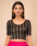 Mehreen Black Leheriya Stripe Jacquard Blouse with Frills by Advi