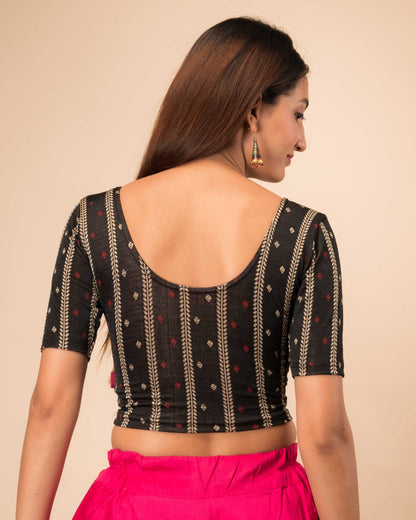Mehreen Black Leheriya Stripe Jacquard Blouse with Frills by Advi