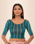 Mehreen Rama Green Leheriya Stripe Slip On Boat Neck Blouse by Advi