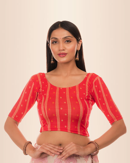 Mehreen Red Bandhani Stripes Embellished Jacquard Blouse by Advi