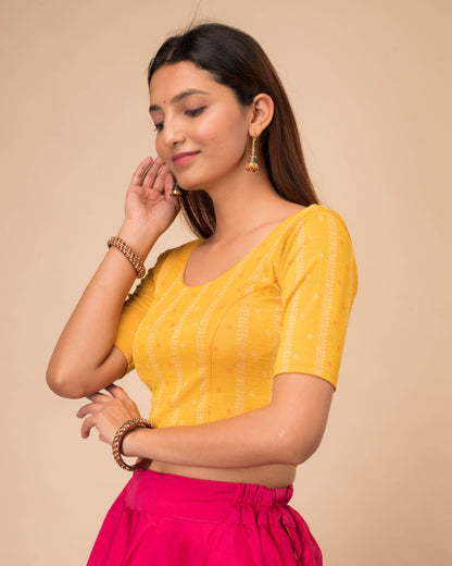 Mehreen Yellow Multicolor Stripes Jacquard Blouse with Frill by Advi