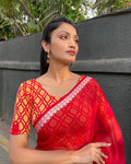Taapsi Red Jacquard Blouse with Epaulet Button and Frill Sleeve Advi