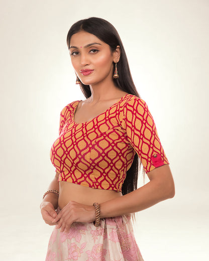 Taapsi Red Jacquard Blouse with Epaulet Button and Frill Sleeve Advi
