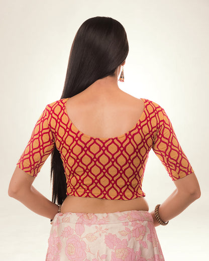 Taapsi Red Jacquard Blouse with Epaulet Button and Frill Sleeve Advi