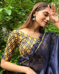 Taapsi Navy Two Tone Blouse with Epaulet Button and Boat Neck Advi