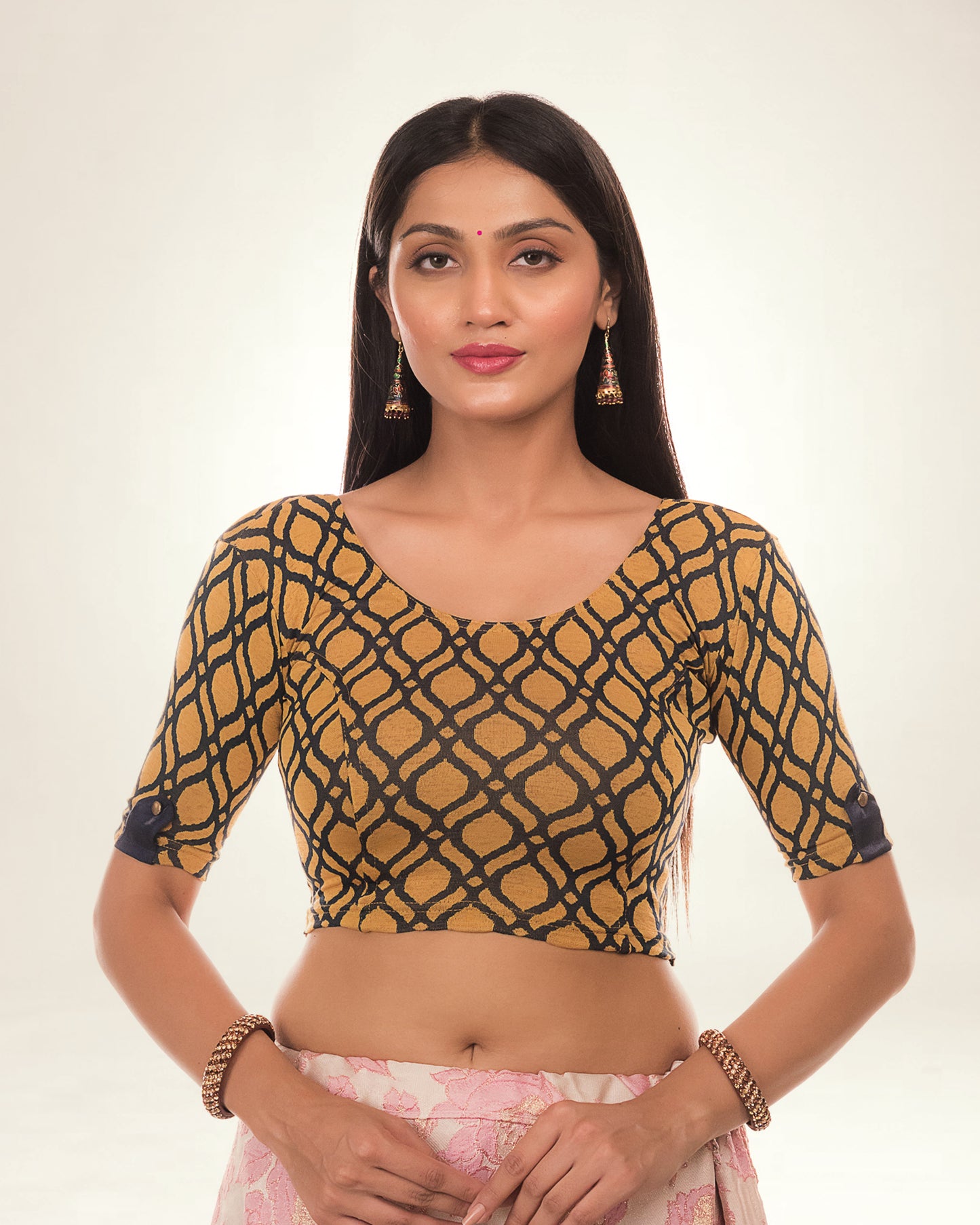 Taapsi Navy Two Tone Blouse with Epaulet Button and Boat Neck Advi