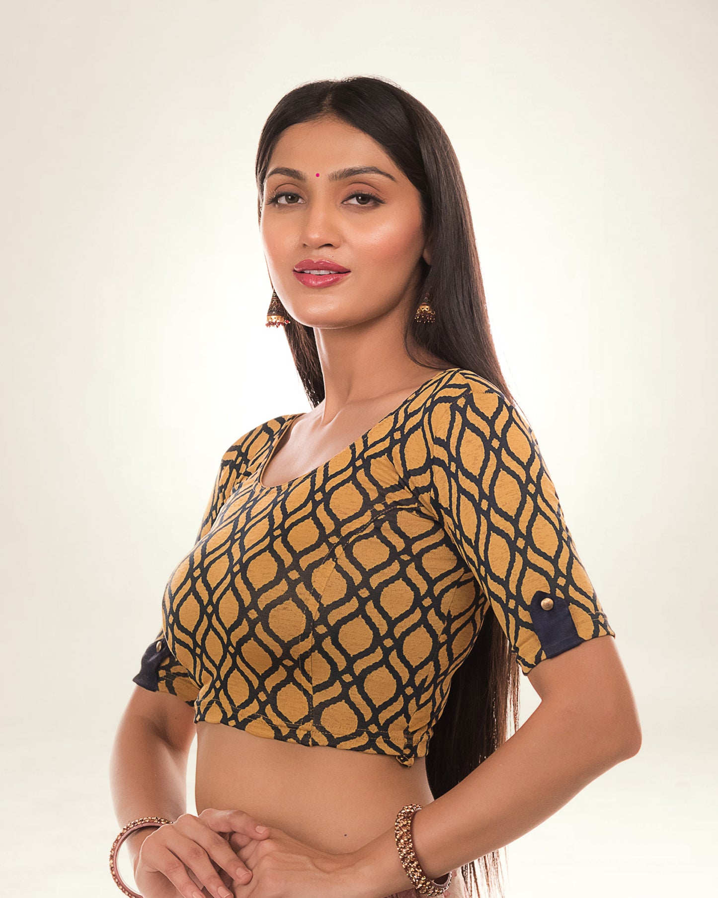 Taapsi Navy Two Tone Blouse with Epaulet Button and Boat Neck Advi