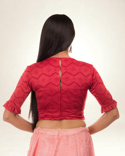 Amira Maroon Jacquard Frill Blouse with Peekaboo Back Detail Advi