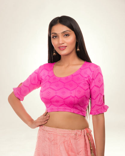 Amira Pink Self Design Stretchable Blouse with Peekaboo Back Advi