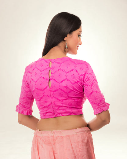 Amira Pink Self Design Stretchable Blouse with Peekaboo Back Advi