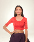 Amira Red Jacquard Blouse with Peekaboo Back and Boat Neck by Advi