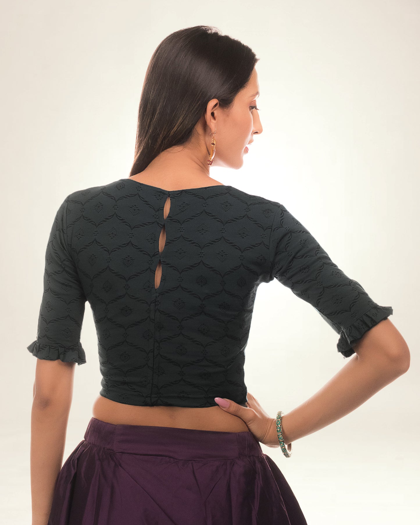 Amira Black Self Jacquard Blouse with Peekaboo Back Cutout Advi