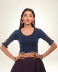 Amira Navy Jacquard Elbow Sleeve Blouse with Peekaboo Back Advi
