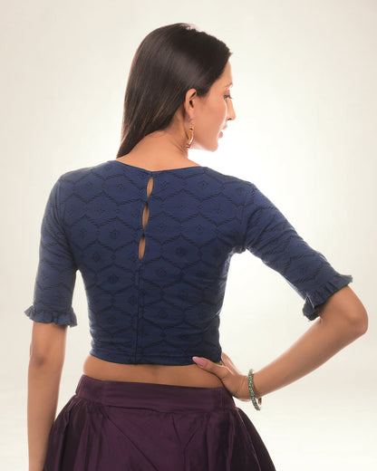 Amira Navy Jacquard Elbow Sleeve Blouse with Peekaboo Back Advi