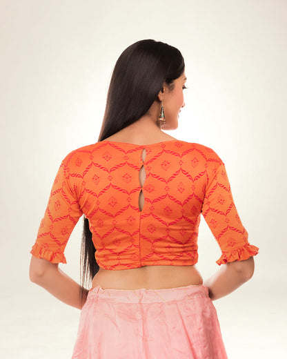 Amira Orange Jacquard Blouse with High Back and Peekaboo Detail Advi