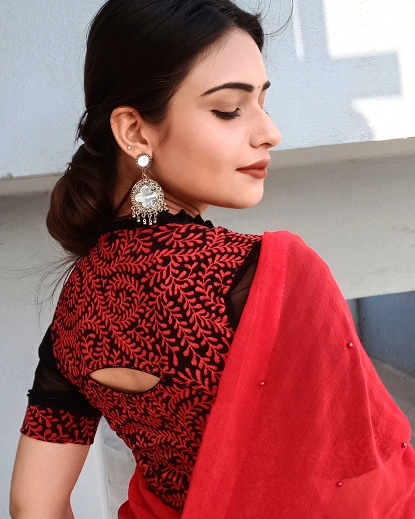 Kaya Red Lace Collar Jacquard Blouse with Frill Detail by Advi