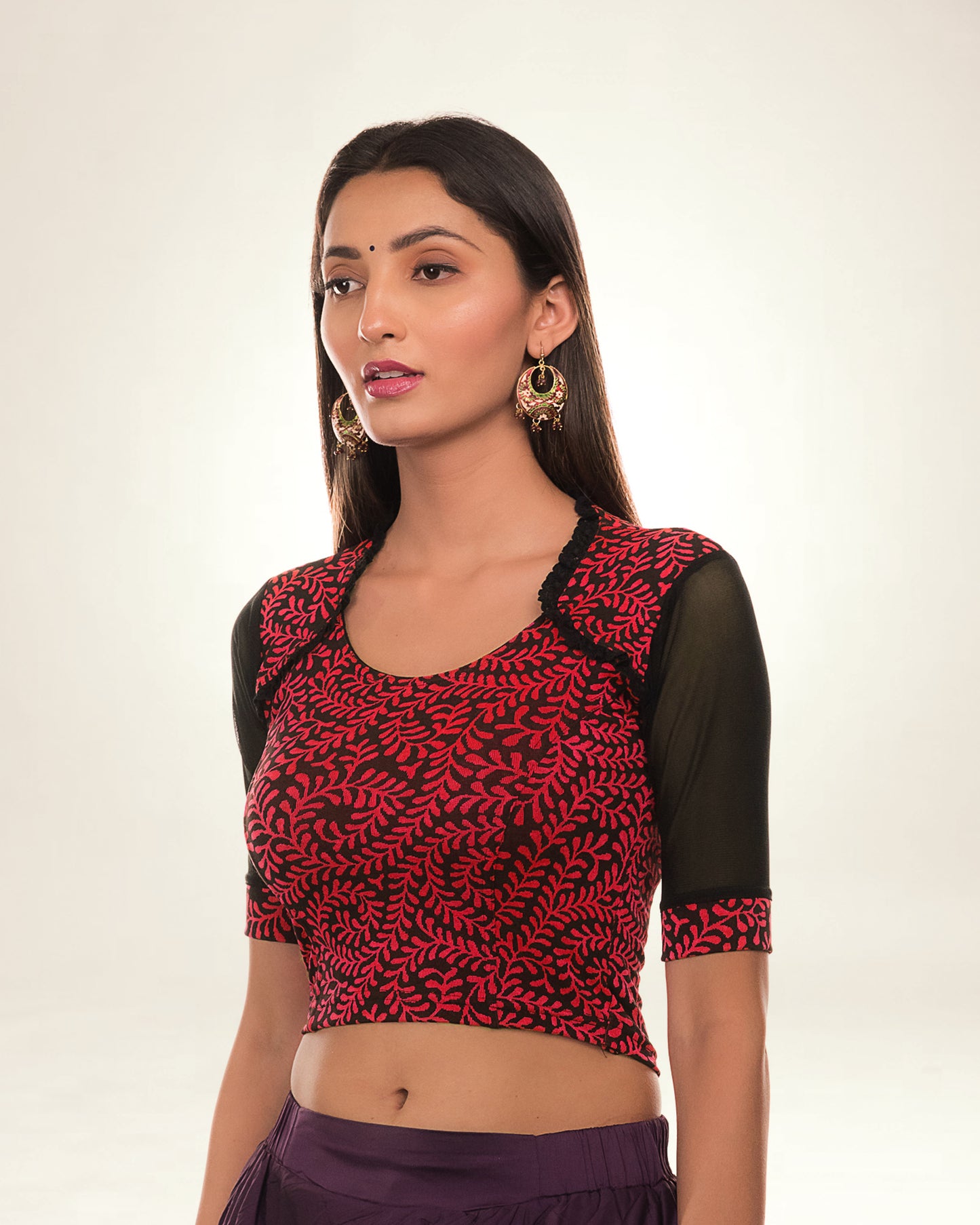 Kaya Red Lace Collar Jacquard Blouse with Frill Detail by Advi